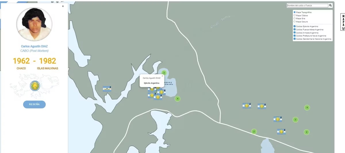 El Gobierno lanzó un mapa interactivo que muestra el lugar donde murió cada soldado en la Guerra de Malvinas