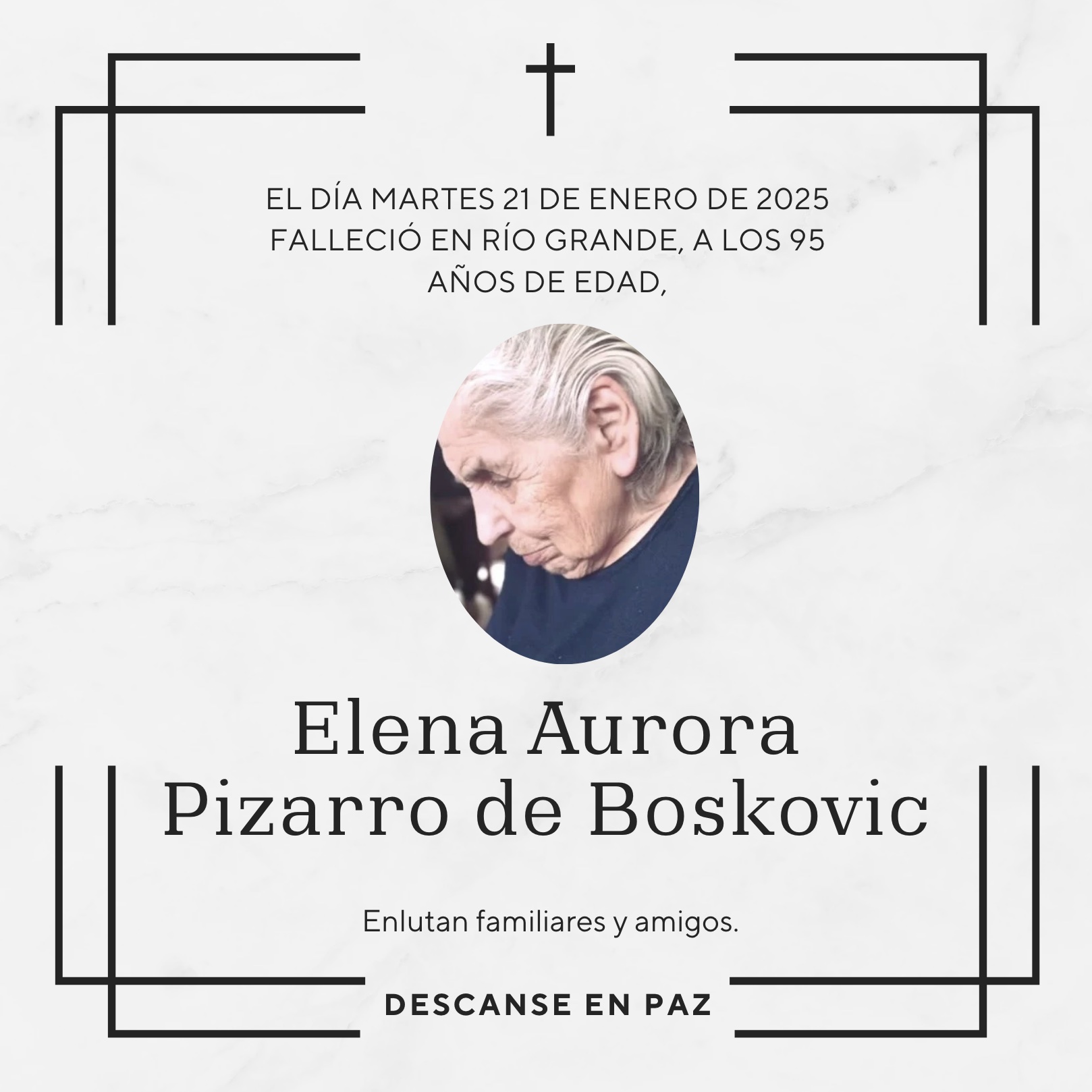 Fallecimiento | Elena Aurora Pizarro de Boskovic