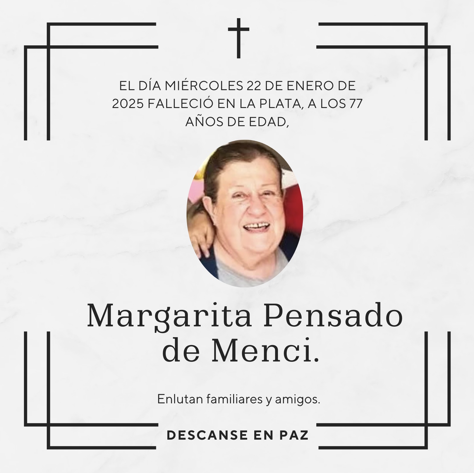 Fallecimiento | Margarita Pensado de Menci.